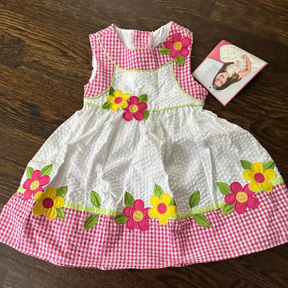 Jenny & Me Seersucker Dress., Size 2T, White, Pink, Yellow & Green